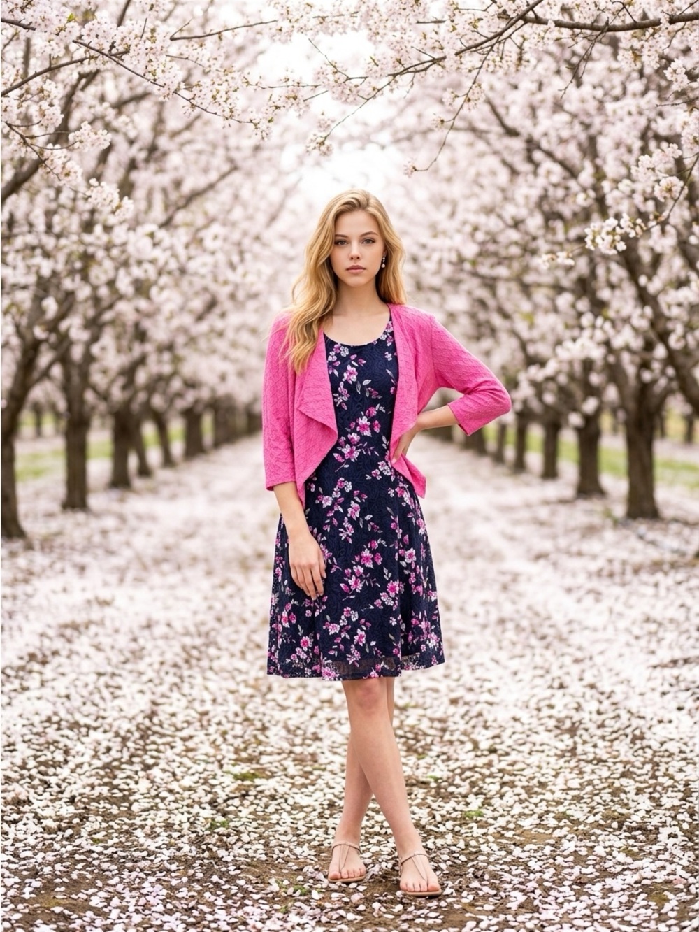 Perceptions Navy Floral Midi Dress with Pink Cardigan